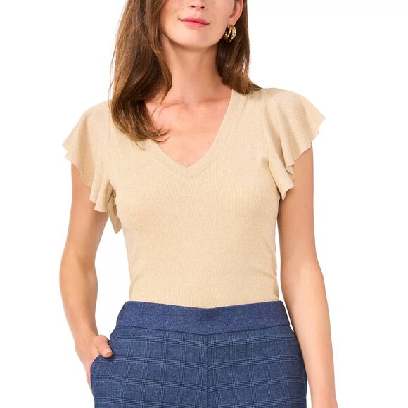 69$ Vince Camuto Short Flutter-Sleeve V-Neck Pullover Top Women's Size M Gold - Picture 1 of 1